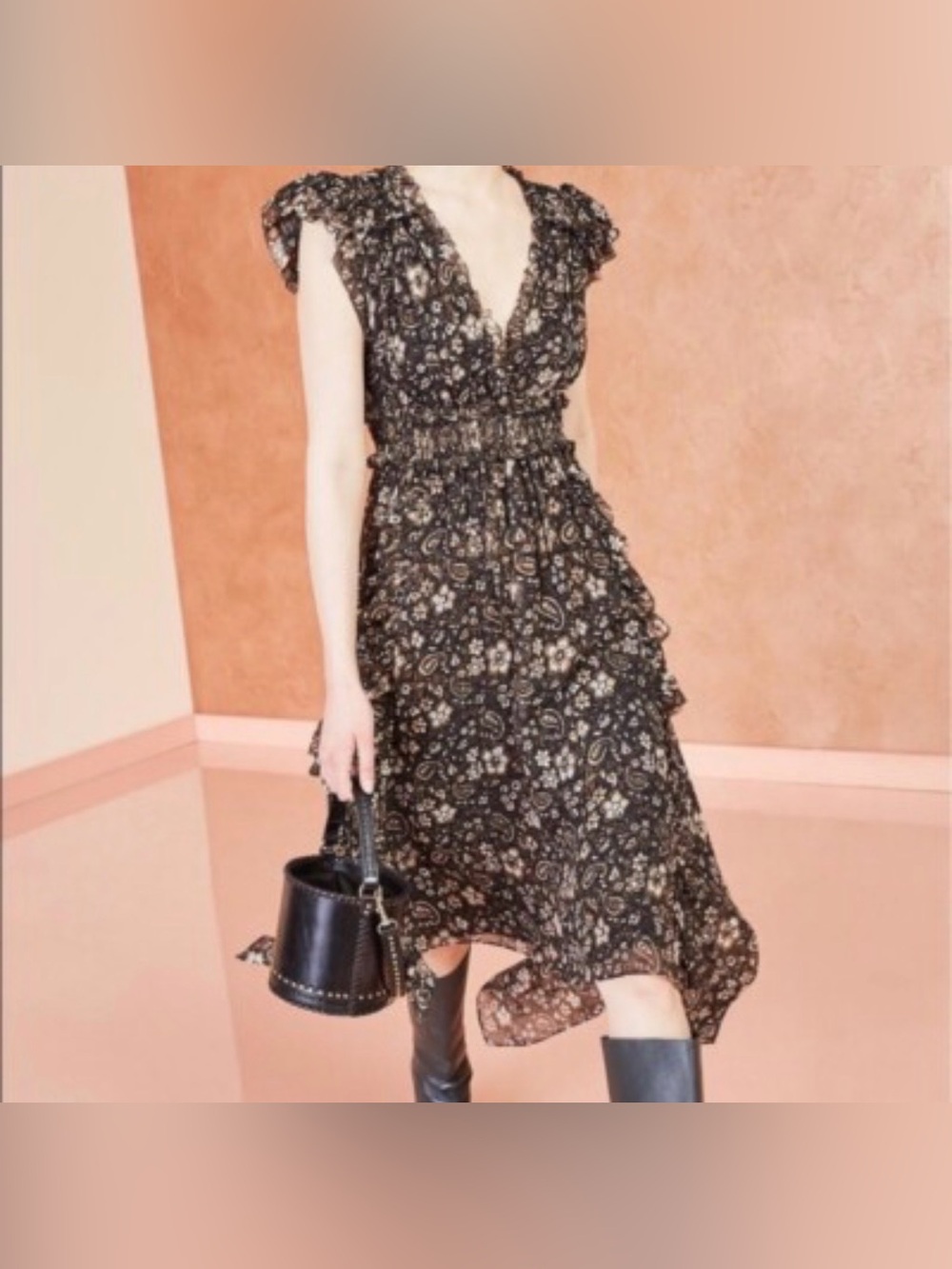 Ulla Johnson Black Floral Asymmetrical Midi Dress 100% Silk - Picture 3 of 12